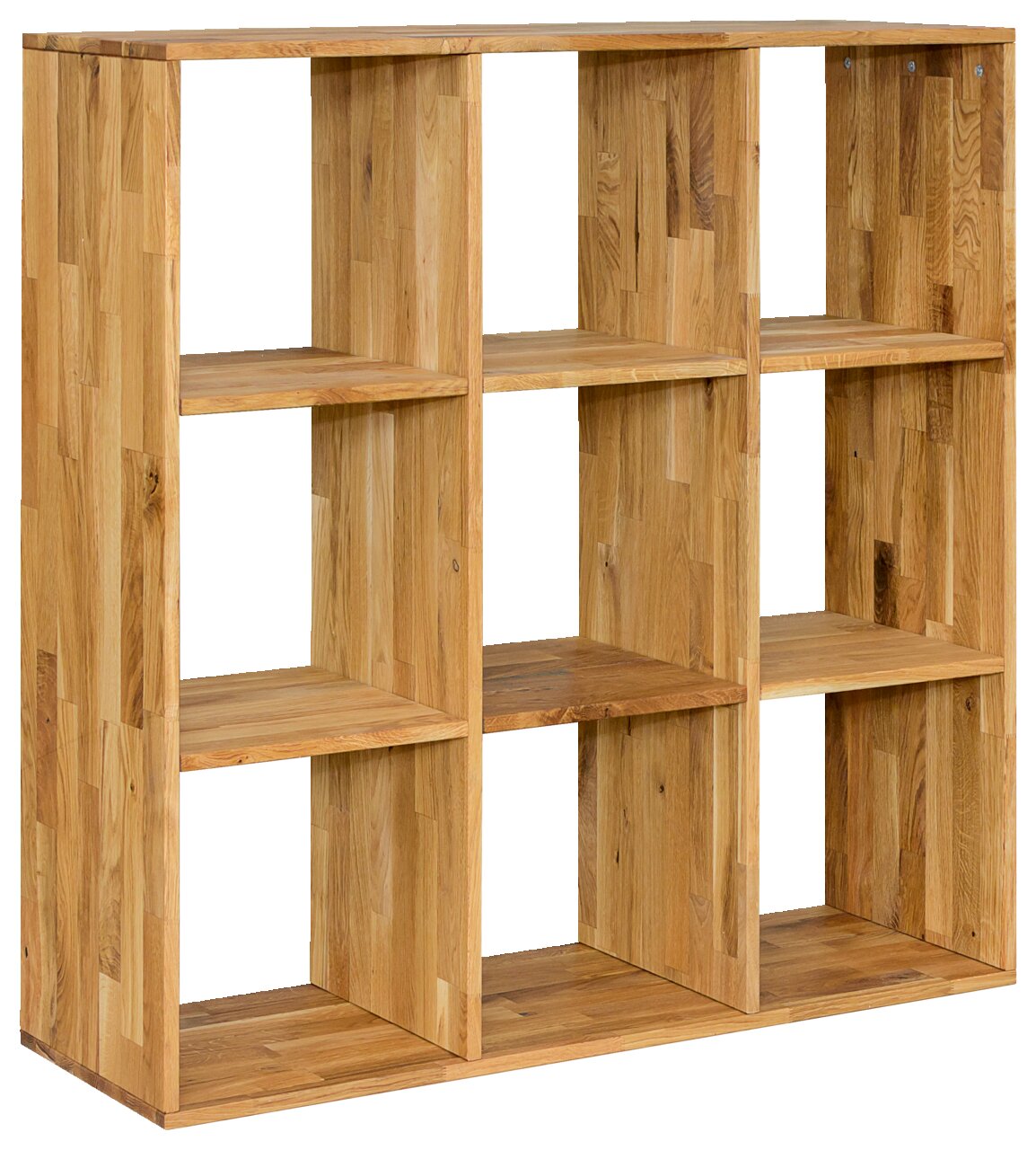 Holzregal 3x3 mit neun offenen Fächern, seitliche Perspektive