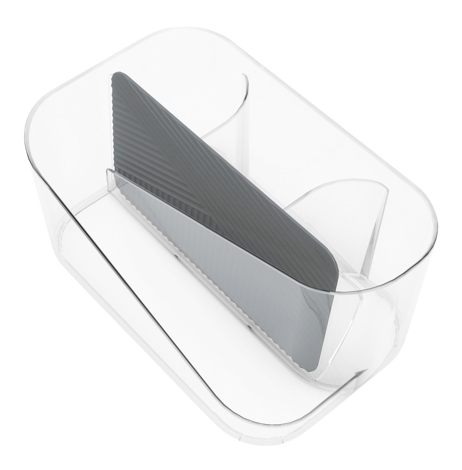 Transparenter Haarwerkzeug-Organizer aus Kunststoff mit mehreren Fächern, schräg von oben fotografiert.