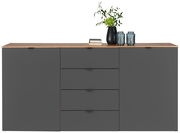 Modernes Sideboard DIANA in dunklem Grau mit Holzplatte, frontal abgebildet. Dekoriert mit Pflanzen und Kerzenhaltern.