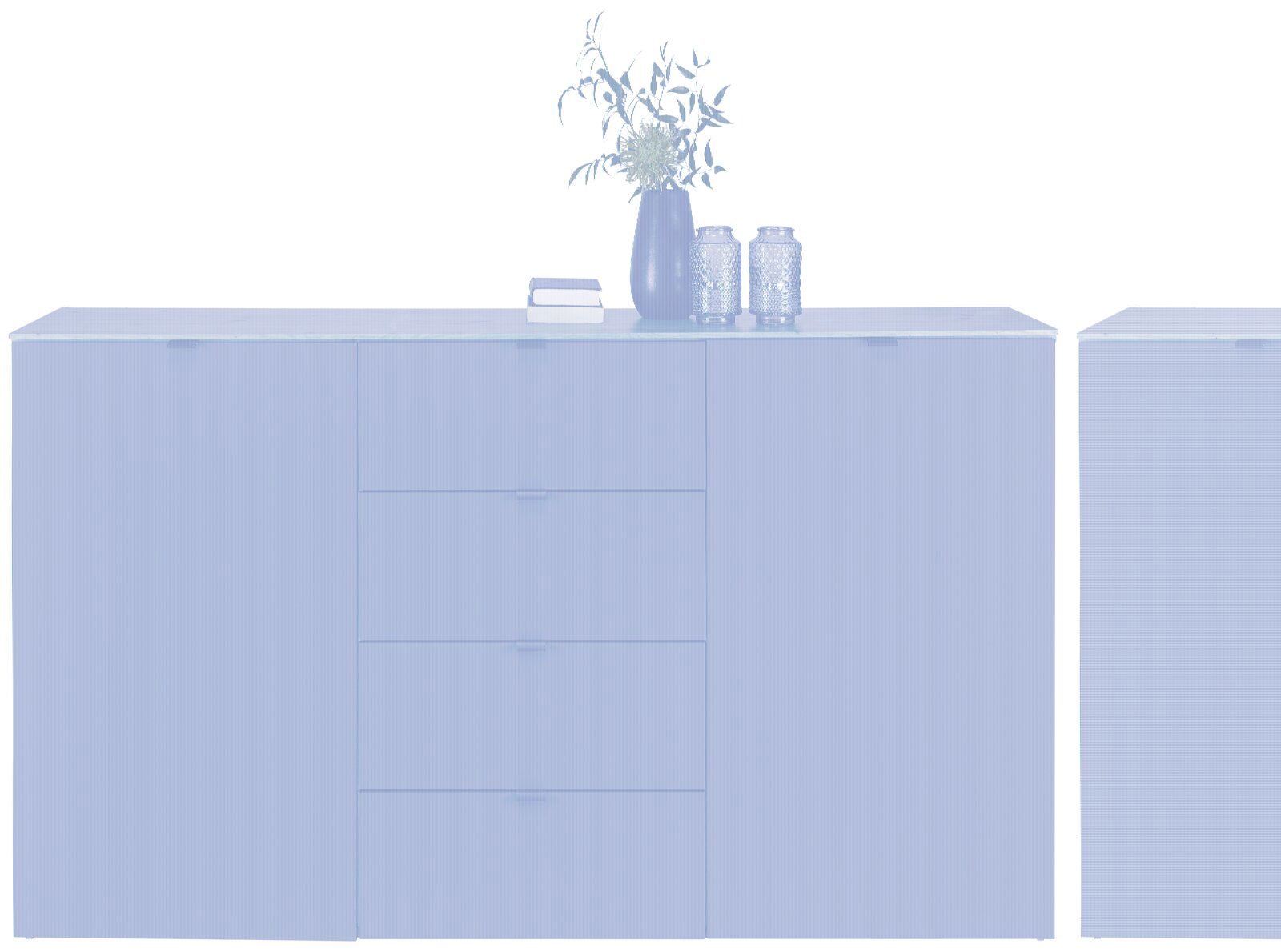 Modernes Sideboard DIANA in dunklem Grau mit Holzplatte, frontal abgebildet. Dekoriert mit Pflanzen und Kerzenhaltern.