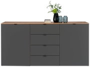 Modern dressoir DIANA in donkergrijs met houten blad, hier van voren afgebeeld. Versierd met planten en kandelaars.