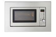 Eingebaute Mikrowelle in Edelstahloptik, Frontansicht mit digitalem Display und Bedienknöpfen.