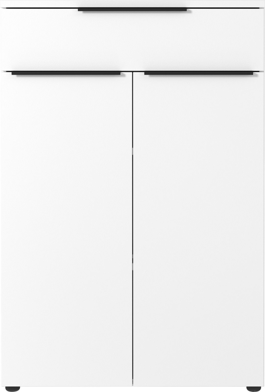 Moderner weißer Aktenschrank mit zwei Türen und einer Schublade, Frontalansicht