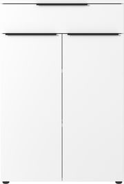 Moderner weißer Aktenschrank mit zwei Türen und einer Schublade, Frontalansicht