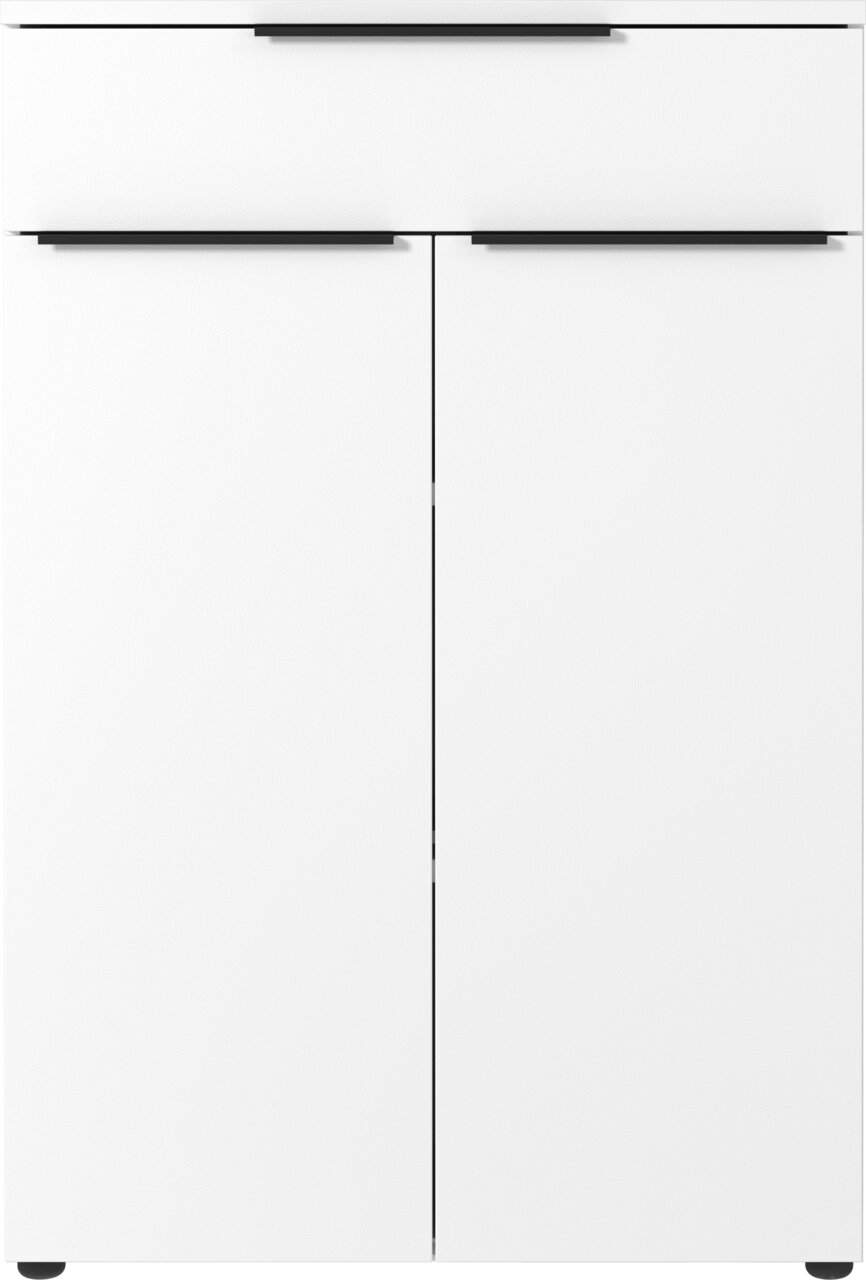 Moderner weißer Aktenschrank mit zwei Türen und einer Schublade, Frontalansicht