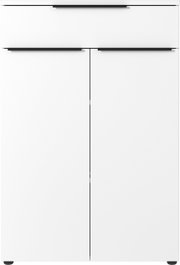 Moderner weißer Aktenschrank mit zwei Türen und einer Schublade, Frontalansicht