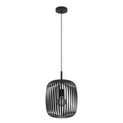 Moderne schwarze Pendelleuchte Romazzina mit offenem, runden Design, seitliche Perspektive.