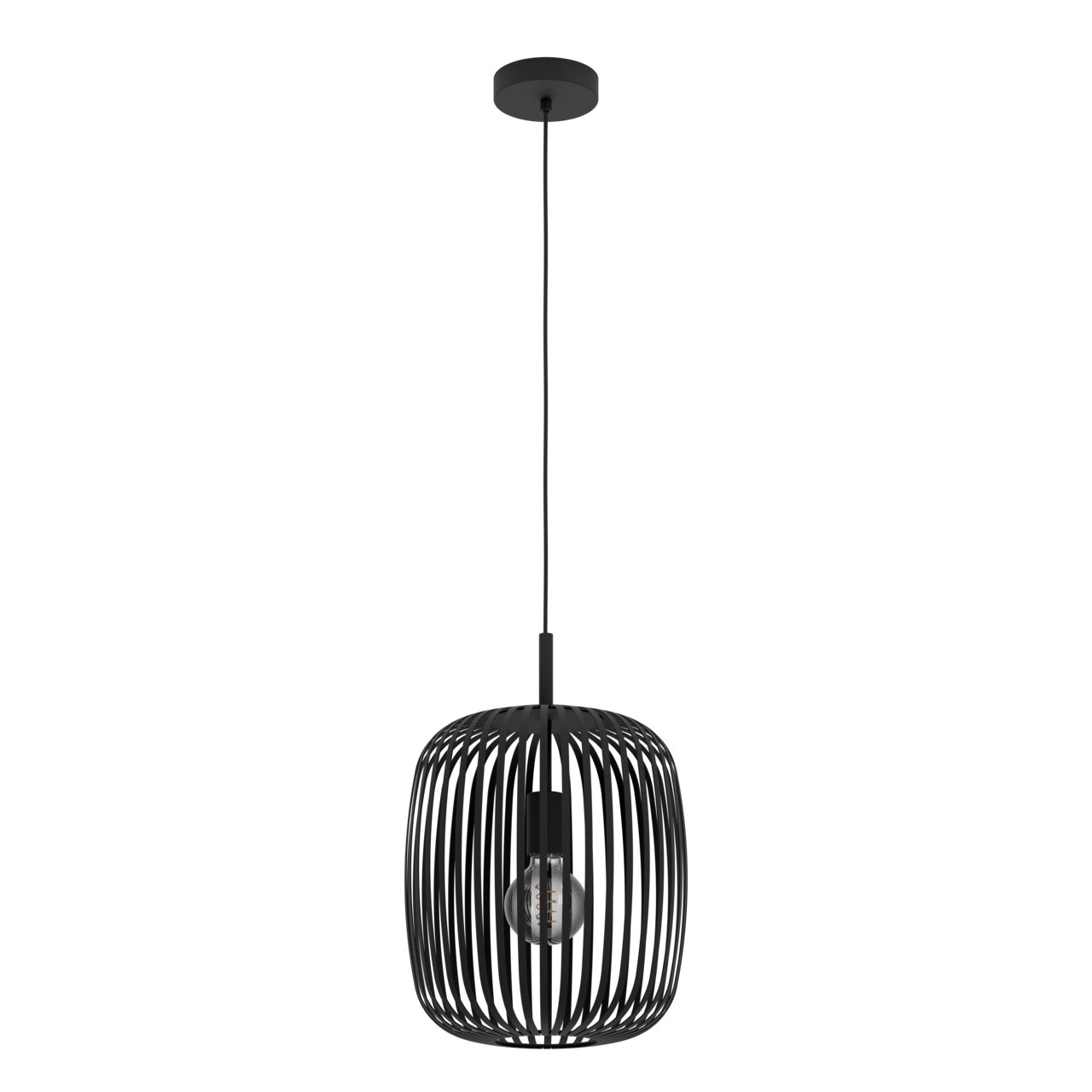 Moderne schwarze Pendelleuchte Romazzina mit offenem, runden Design, seitliche Perspektive.