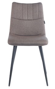 Moderner Stuhl mit grauem Stoffbezug und schwarzen Metallbeinen, Frontalansicht