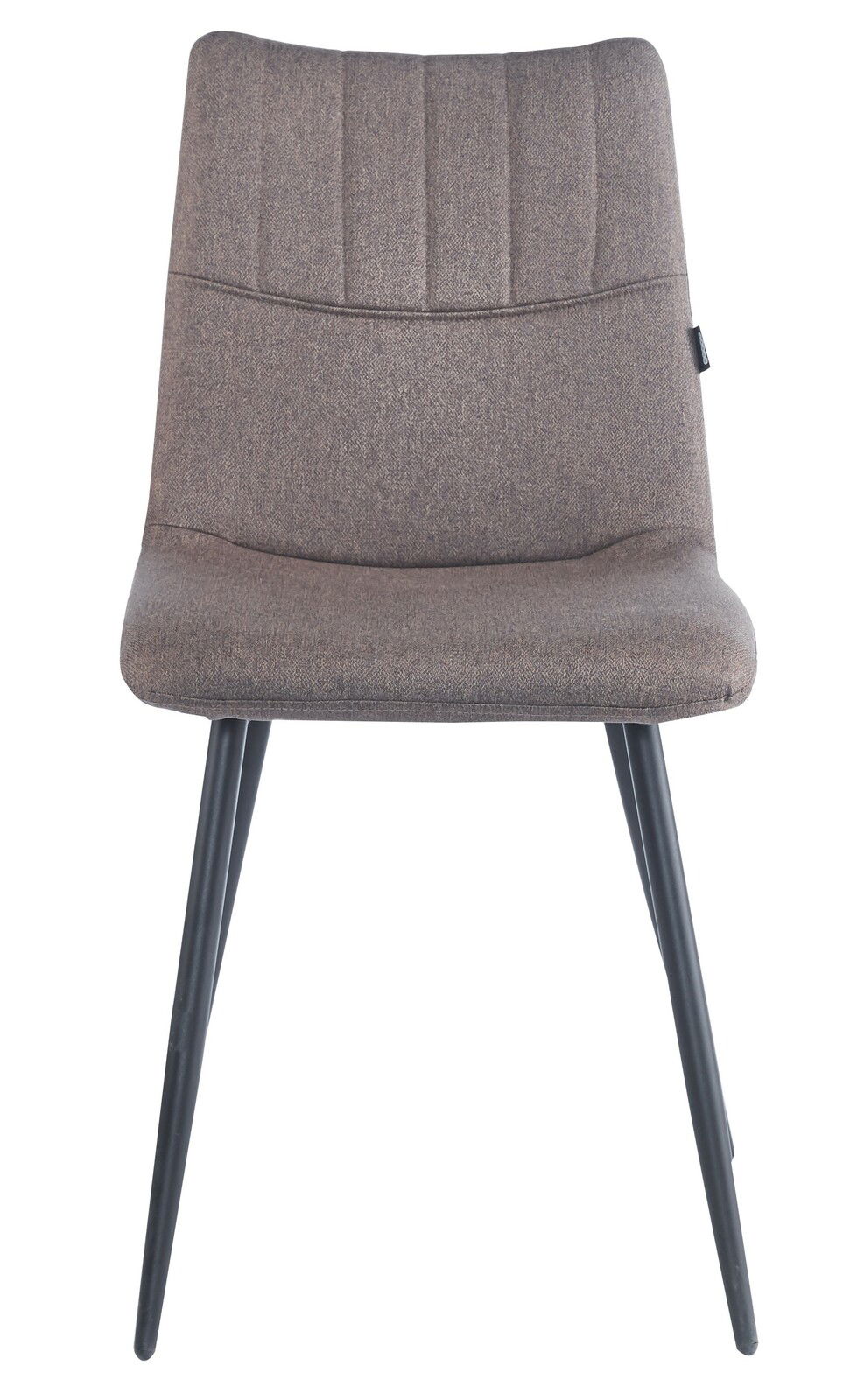 Moderner Stuhl mit grauem Stoffbezug und schwarzen Metallbeinen, Frontalansicht