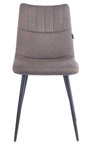 Moderner Stuhl mit grauem Stoffbezug und schwarzen Metallbeinen, Frontalansicht