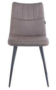 Moderner Stuhl mit grauem Stoffbezug und schwarzen Metallbeinen, Frontalansicht