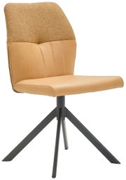 Moderne stoel met beige lederen en stoffen bekleding, zwart metalen frame, zijaanzicht