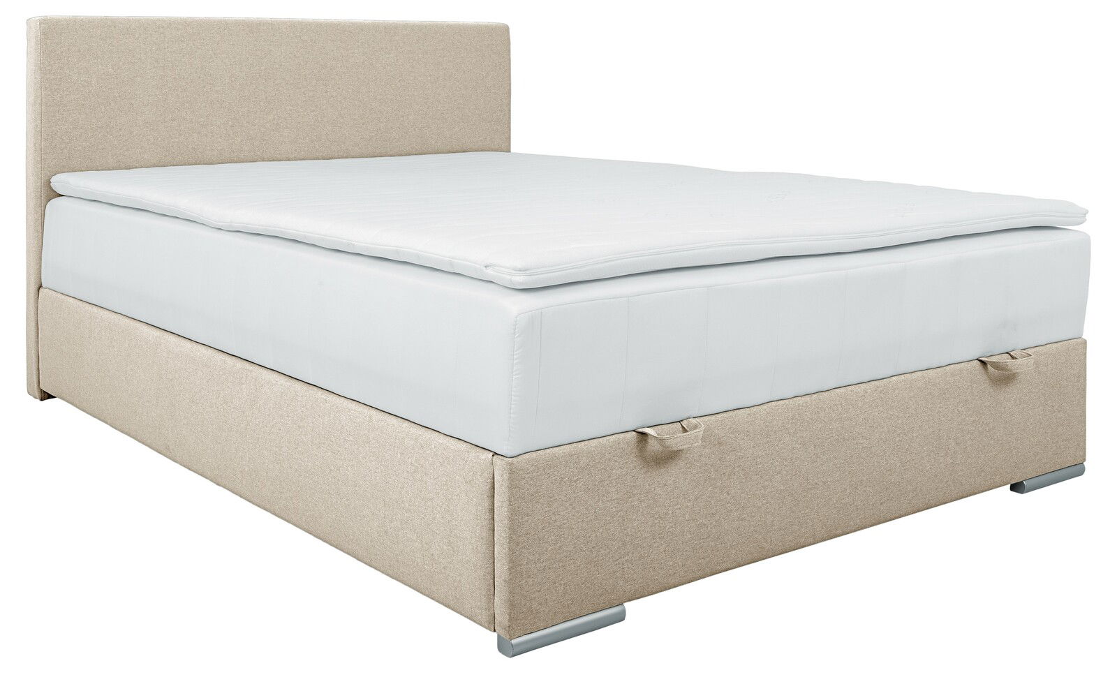 Beiges Boxbett 140 mit Kopfteil, seitliche Perspektive