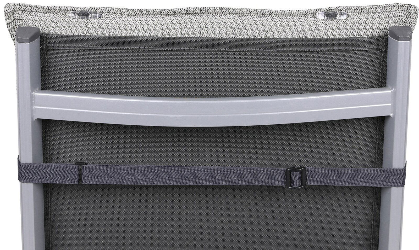 Rückansicht einer Hochlehnerauflage mit grauem Stoff und Befestigungsband.