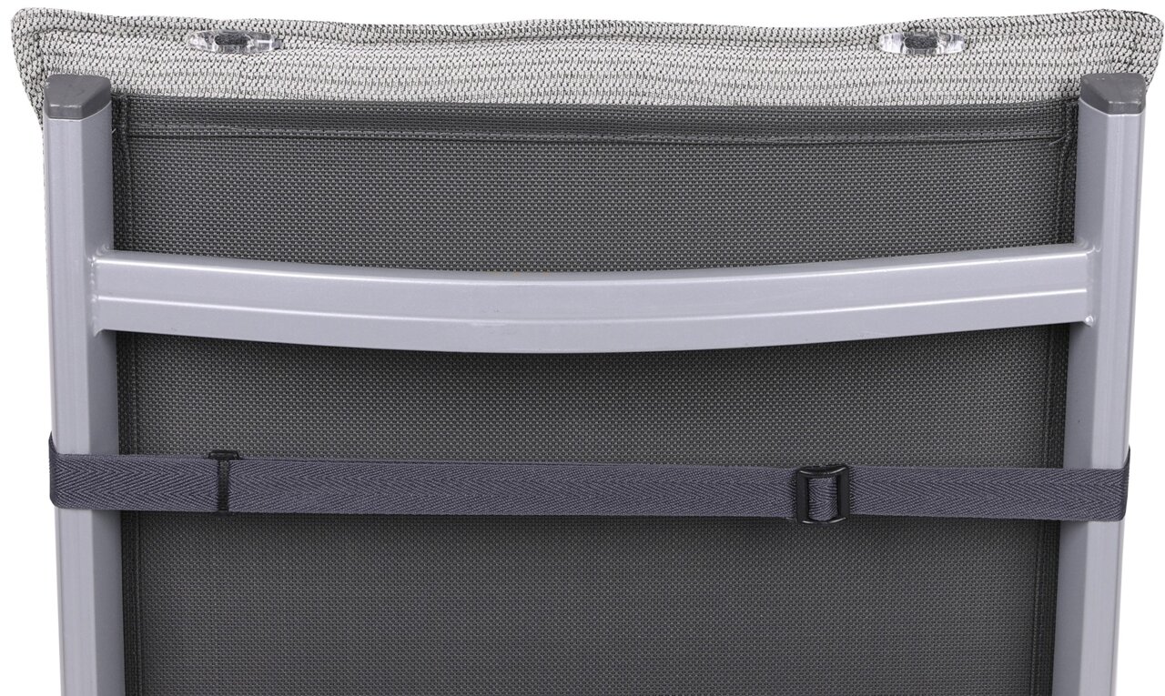 Rückansicht einer Hochlehnerauflage mit grauem Stoff und Befestigungsband.