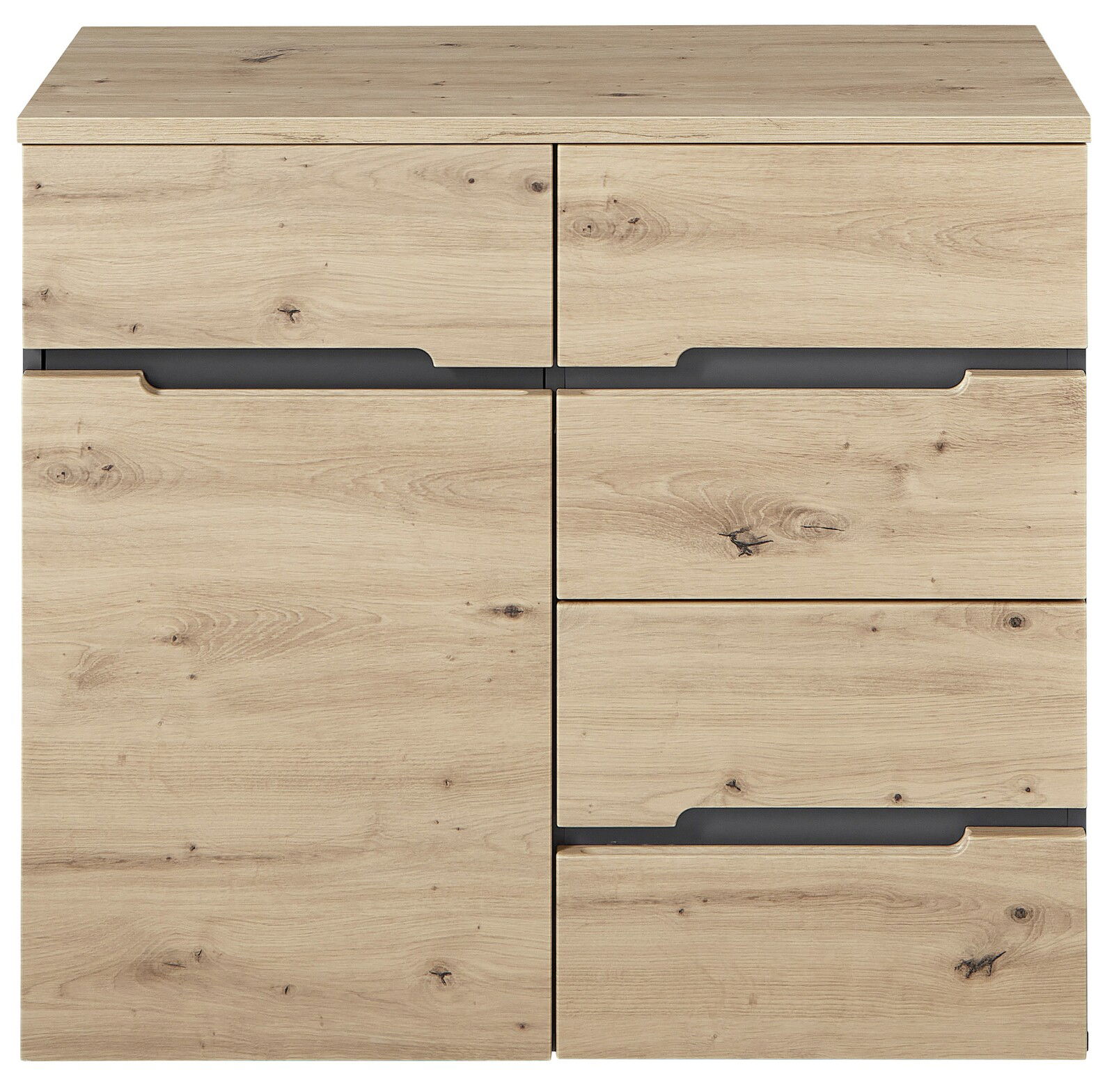 Frontale Ansicht einer modernen Kommode aus hellem Holz mit mehreren Schubladen und minimalistischen Griffen.