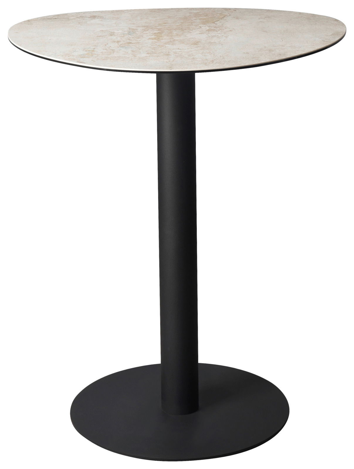Runder Bartisch mit schwarzem Metallfuß und heller Tischplatte, seitliche Perspektive