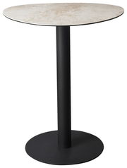 Runder Bartisch mit schwarzem Metallfuß und heller Tischplatte, seitliche Perspektive