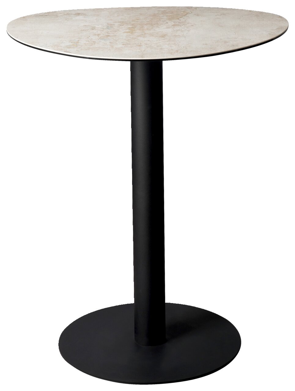 Runder Bartisch mit schwarzem Metallfuß und heller Tischplatte, seitliche Perspektive