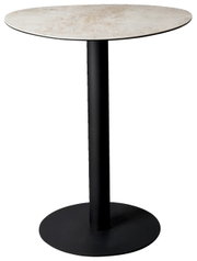 Ronde bartafel met zwart metalen onderstel en lichtgekleurd tafelblad, zijaanzicht