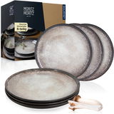 Sechsteiliges Set von beigen Gourmet-Dinnertellern in seitlicher Perspektive, präsentiert mit Verpackung und Pilzen.