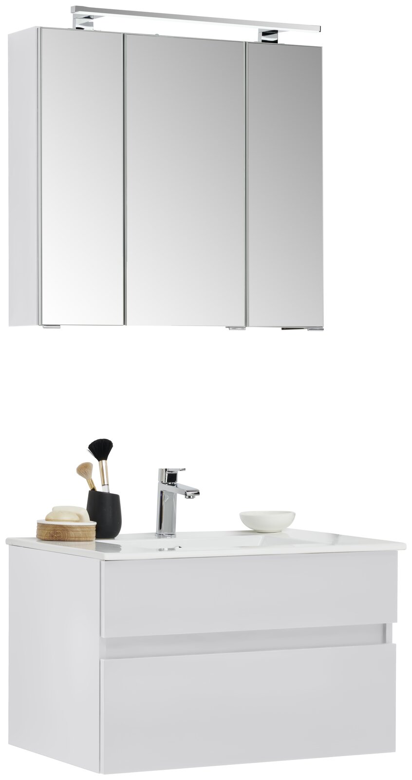 Novel Badblock NV.210 Moderner Badblock mit Spiegelschrank und Waschbecken, seitliche Perspektive