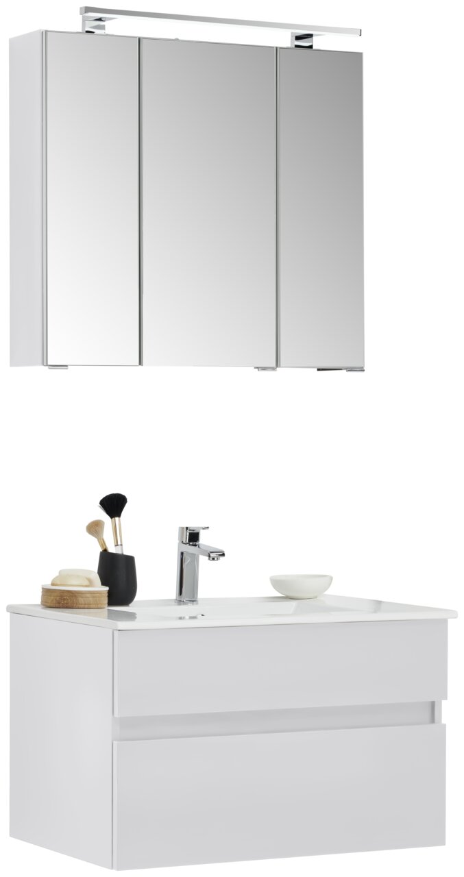 Moderner Badblock mit Spiegelschrank und Waschbecken, seitliche Perspektive