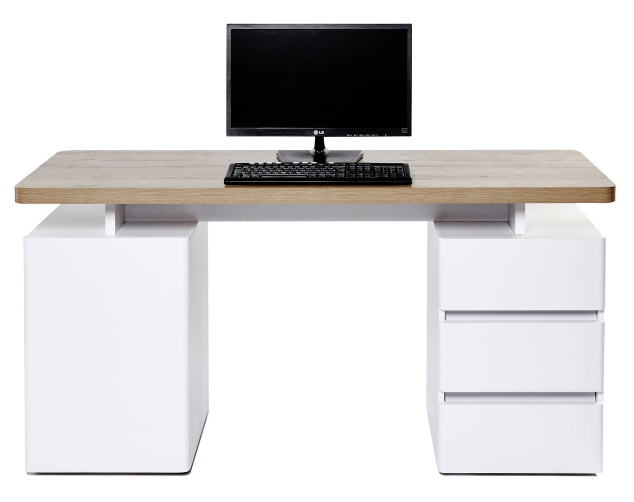 Moderner Schreibtisch mit Holzplatte und weißen Schubladen, frontal betrachtet, mit Monitor und Tastatur.