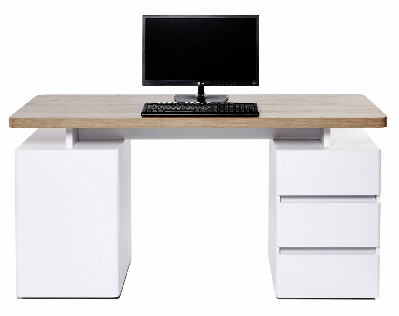 Moderner Schreibtisch mit Holzplatte und weißen Schubladen, frontal betrachtet, mit Monitor und Tastatur.
