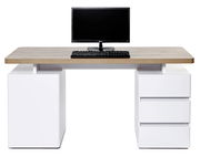 Moderner Schreibtisch mit Holzplatte und weißen Schubladen, frontal betrachtet, mit Monitor und Tastatur.