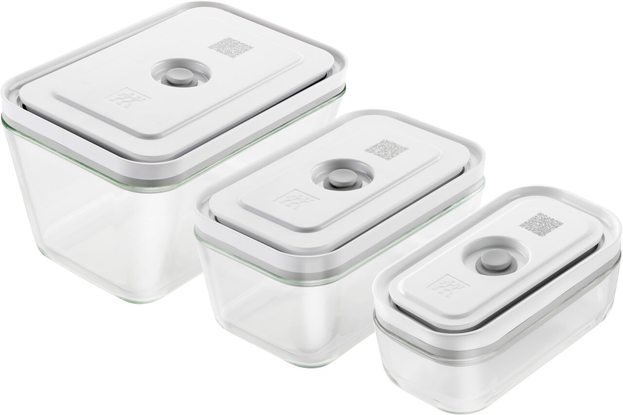ZWILLING Box-Set 3tlg. FRESH & SAVE Dreiteiliges Glas-Box-Set mit weißen Deckeln, seitliche Perspektive