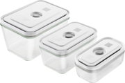 Dreiteiliges Glas-Box-Set mit weißen Deckeln, seitliche Perspektive