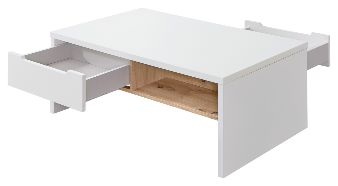 Moderner weißer Couchtisch mit zwei offenen Schubladen und einem Holzfach, seitliche Perspektive