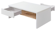 Moderner weißer Couchtisch mit zwei offenen Schubladen und einem Holzfach, seitliche Perspektive