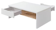 Moderner weißer Couchtisch mit zwei offenen Schubladen und einem Holzfach, seitliche Perspektive