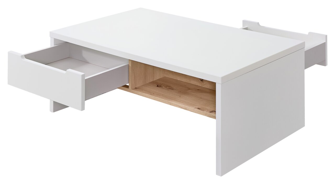 Moderner weißer Couchtisch mit zwei offenen Schubladen und einem Holzfach, seitliche Perspektive