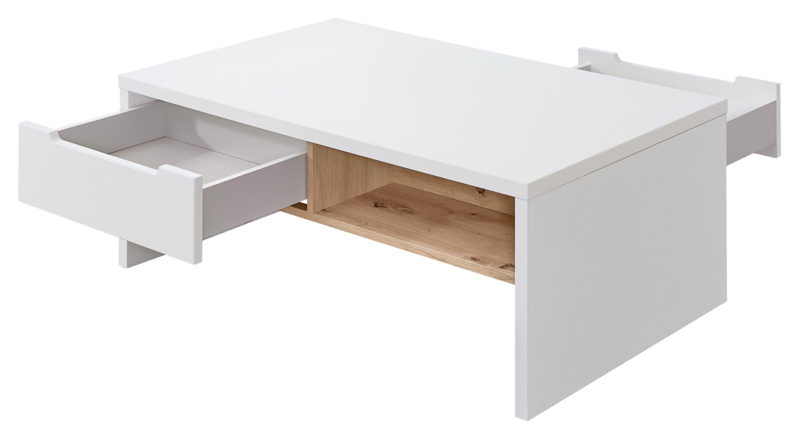 Moderner weißer Couchtisch mit zwei offenen Schubladen und einem Holzfach, seitliche Perspektive
