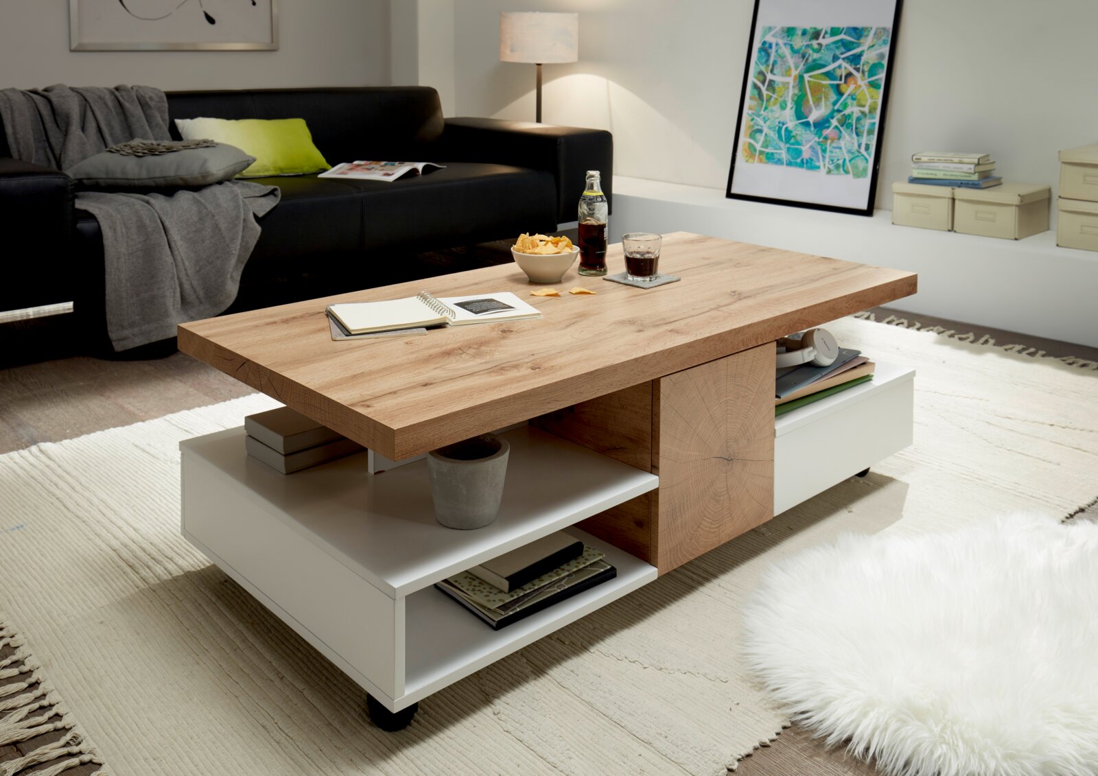 Z2 Salontafel RENNES Moderne salontafel van hout en wit met opbergvakken, zijaanzicht