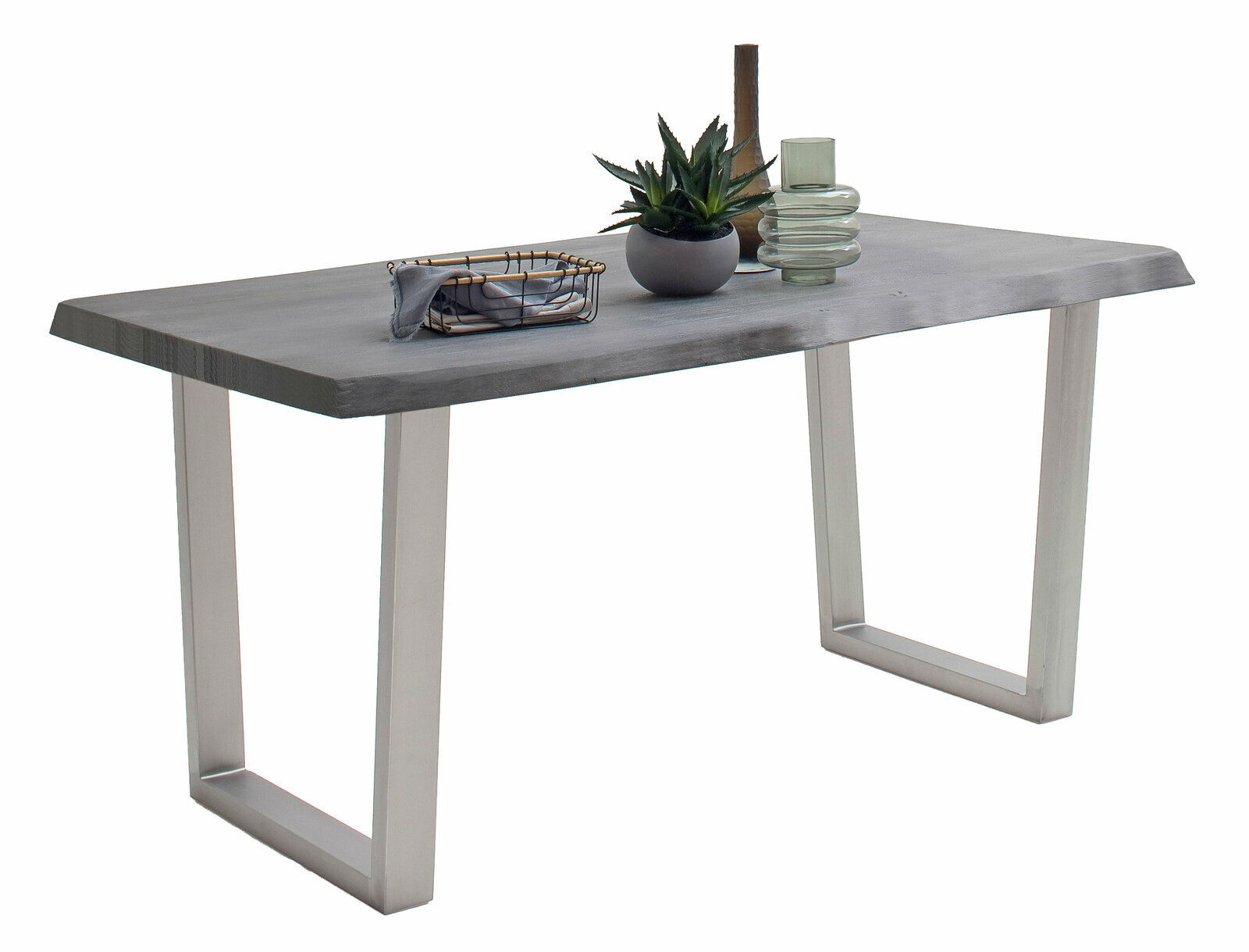 Moderner Esstisch mit rechteckiger Holzplatte und Metallbeinen, seitliche Perspektive