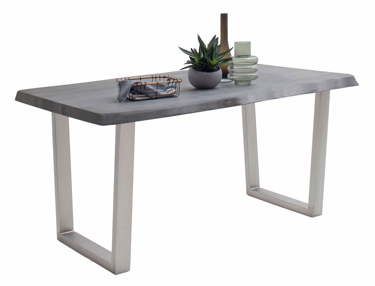 Moderner Esstisch mit rechteckiger Holzplatte und Metallbeinen, seitliche Perspektive