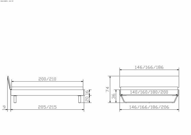 Technische Zeichnung eines Bettgestells, seitliche und frontale Ansicht mit Maßangaben.