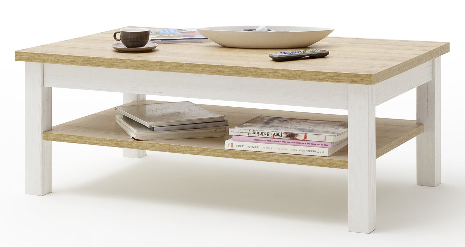 Rechteckiger Couchtisch in Weiß mit naturfarbener Holzplatte und Ablagefach, schräg von vorn in leichter Aufsicht fotografiert