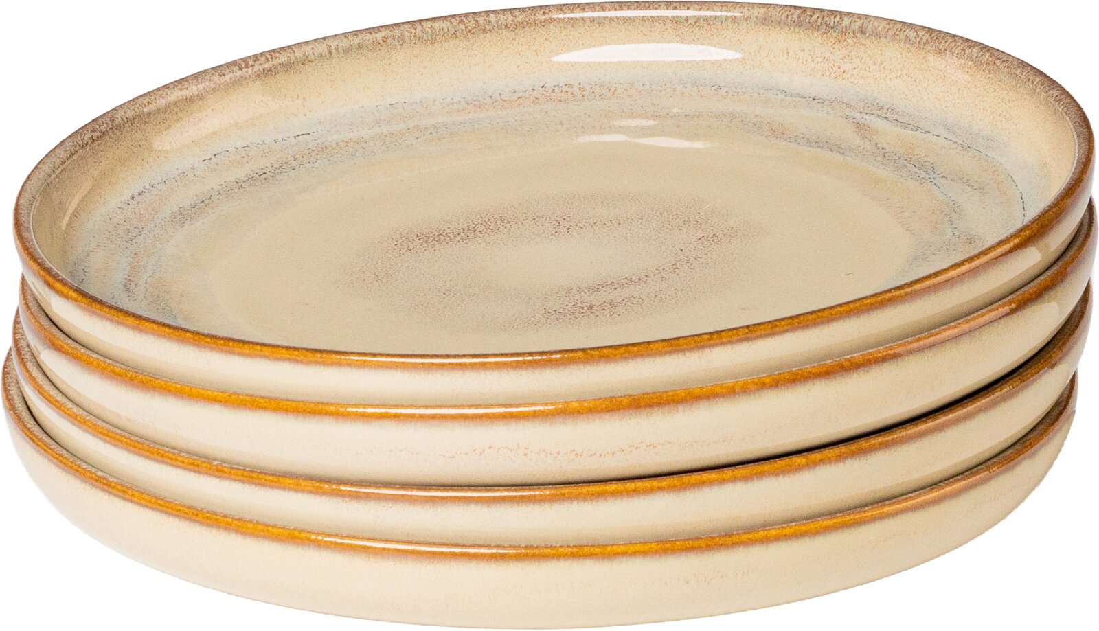Stapel aus vier ovalen Keramik-Servierplatten in Beige mit braunem Rand, schräg von oben fotografiert