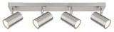 Moderner Deckenstrahler mit vier verstellbaren Leuchten in Edelstahloptik, seitliche Perspektive.