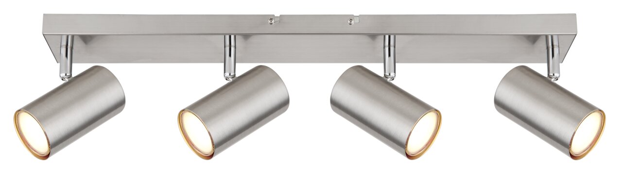 Globo Lighting Strahler ROBBY Moderner Deckenstrahler mit vier verstellbaren Leuchten in Edelstahloptik, seitliche Perspektive.