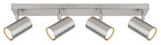 Moderner Deckenstrahler mit vier verstellbaren Leuchten in Edelstahloptik, seitliche Perspektive.