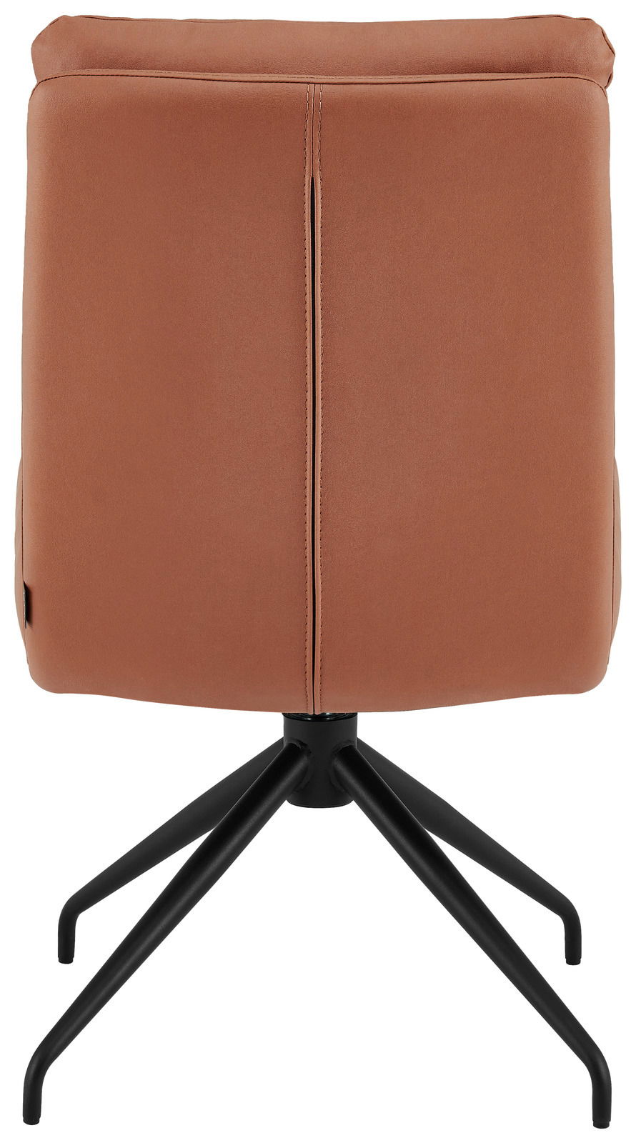 Rückansicht eines modernen Stuhls mit braunem Polster und schwarzem Metallgestell.