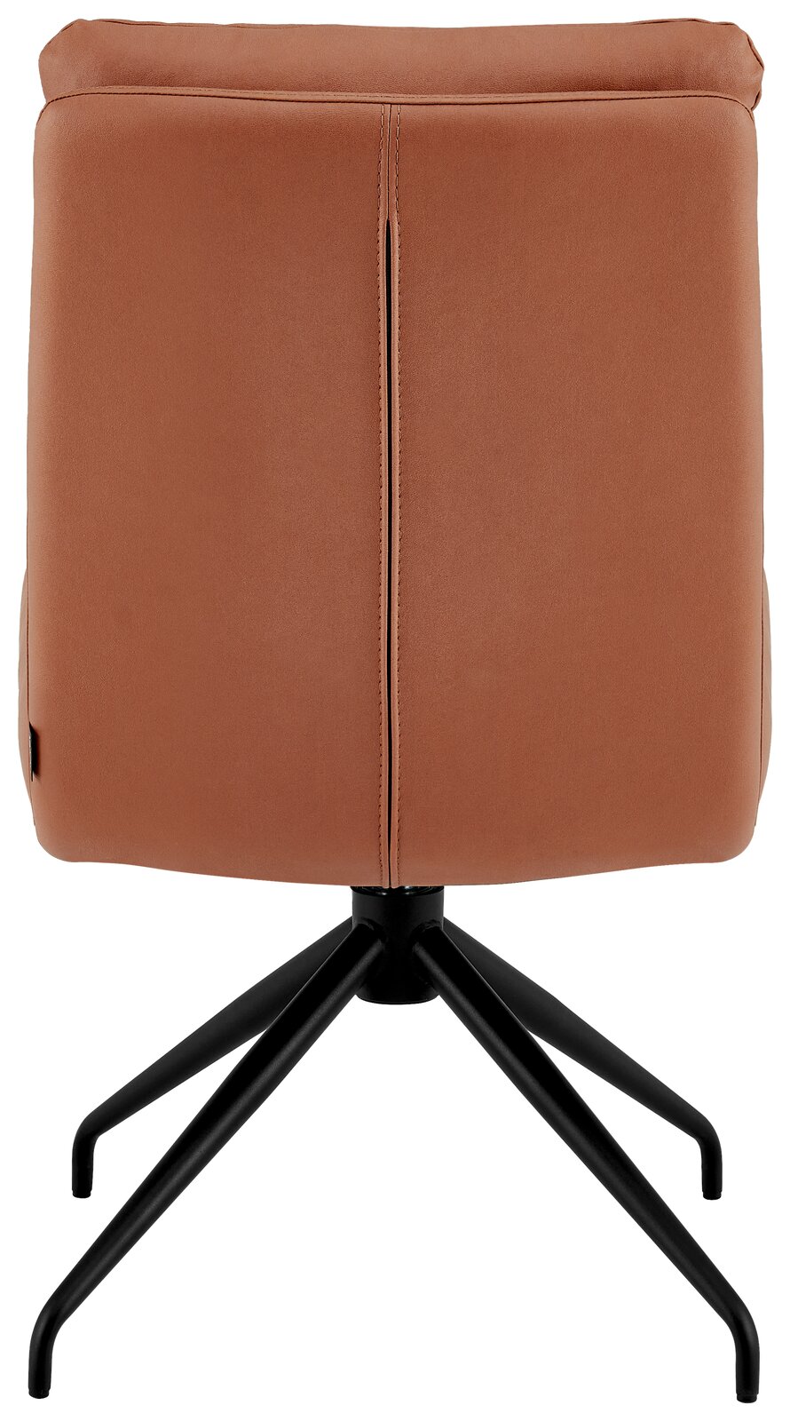 Rückansicht eines modernen Stuhls mit braunem Polster und schwarzem Metallgestell.