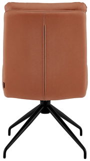 Rückansicht eines modernen Stuhls mit braunem Polster und schwarzem Metallgestell.